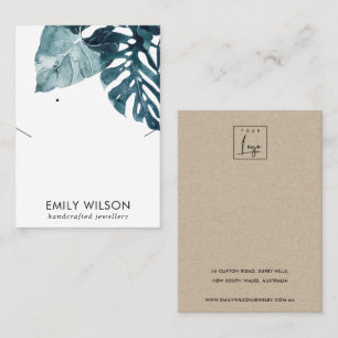 BLUE MOSTERA FAUNA NECKLACE EARRING COMBO DISPLAY BUSINESS CARD