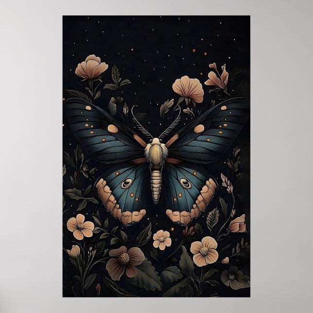 Blue Moth Botanical Print, Dark Academia Wall Art (Front)