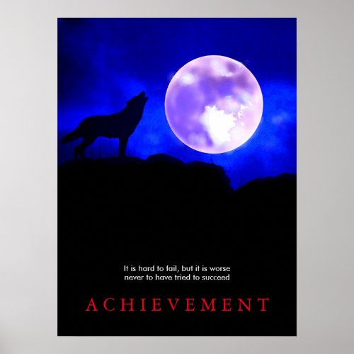 Blue Motivational Howling Wolf at Moon Poster