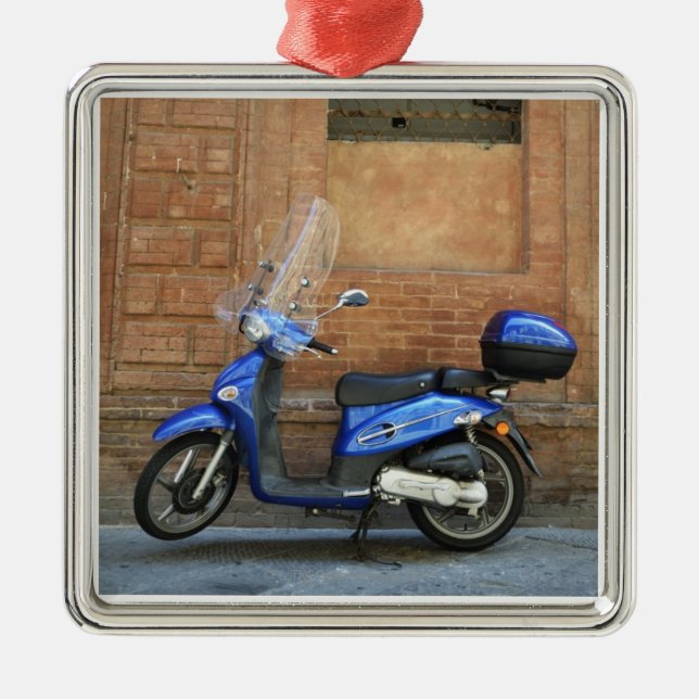 Blue motor scooter by red wall, Siena, Italy Metal Ornament (Front)