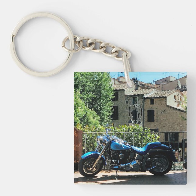 Blue Motorbike in Ancient Valbonne France  Keychain (Front)