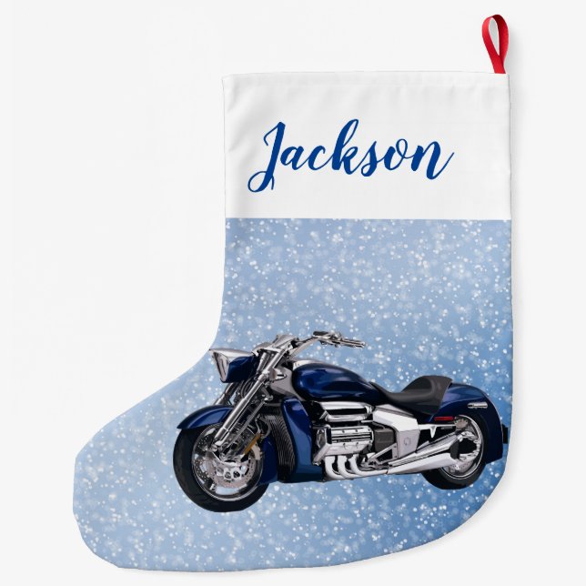 Blue Motorcycle and Snow Large Christmas Stocking (Back)