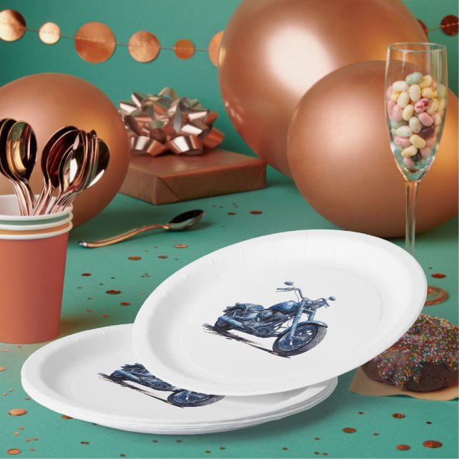 Blue Motorcycle Birthday Paper Plates (Multi)
