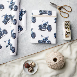 Blue Motorcycle Birthday Wrapping Paper