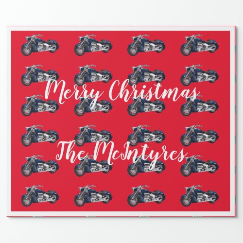 Blue Motorcycles on Red Christmas Wrapping Paper