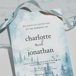 Blue Mountain Forest Rustic Watercolor Wedding Invitation