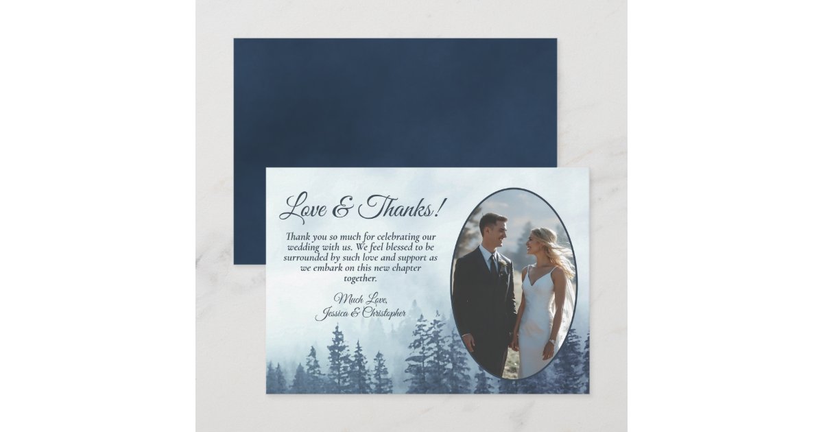 Blue Mountain Pine Trees Rustic Wedding Photo Thank You Card | Zazzle