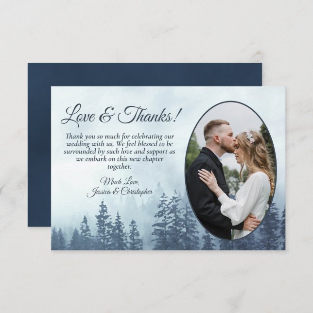 Blue Mountain Pine Trees Rustic Wedding Photo Thank You Card (Front/Back)
