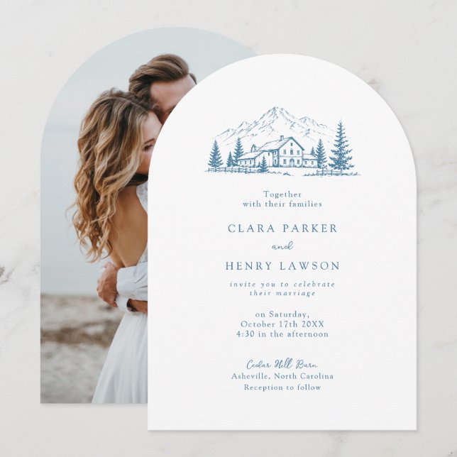 Blue Mountain Pine Winter Wedding Invitation (Front/Back)
