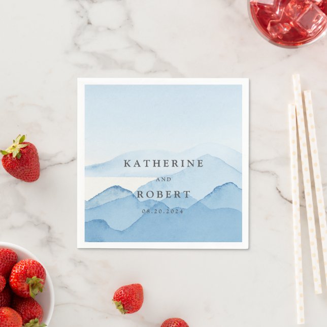 Blue Mountain Range Landscape Wedding Monogram Napkins (Insitu)