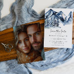 Blue Mountain Watercolor Photo Save the Date<br><div class="desc">Rustic Blue Mountain Watercolor Photo Save the Date Set the tone for your special day with our enchanting Save the Date card. The front showcases a breathtaking watercolor mountain landscape, adorned with serene pine trees, evoking the tranquility of nature. On the reverse side, personalize your announcement with your cherished photo,...</div>