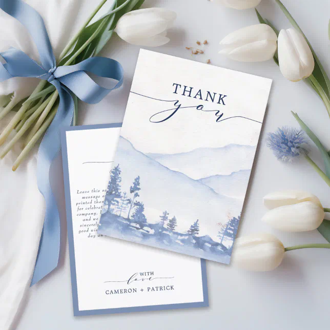Blue Mountain Watercolor Wedding Thank You Card | Zazzle