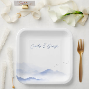 Blue mountains and birds wedding paper plates