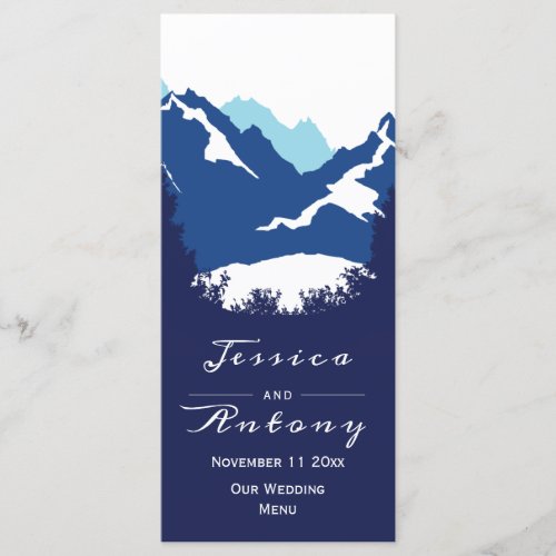 Blue mountains and conifer trees wedding menu card