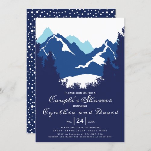 Blue mountains and conifers wedding couples shower invitation
