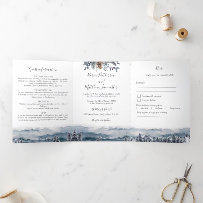 Blue Mountains and Forest, Wedding with RSVP Tri-Fold Invitation