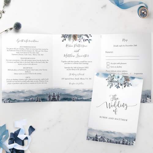 Blue Mountains and Forest Wedding with RSVP Tri_Fold Invitation