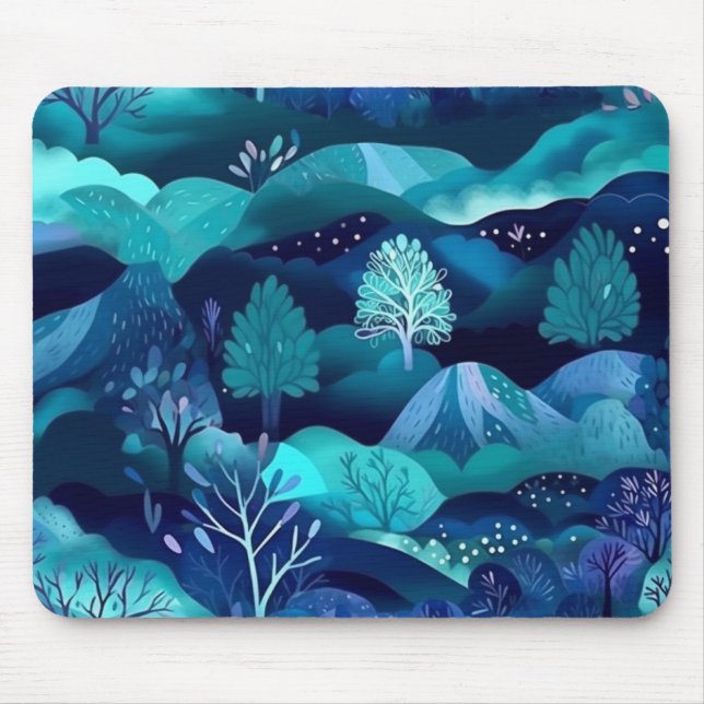 Blue Mountains and Tree Design Mouse Pad (Front)