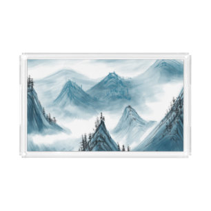 Blue Mountains Landscape Painting Chinoiserie Acrylic Tray
