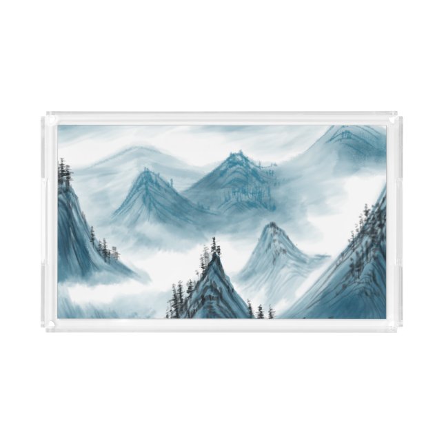 Blue Mountains Landscape Painting Chinoiserie Acrylic Tray (Front)