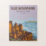Blue Mountains National Park Australia Vintage Jigsaw Puzzle<br><div class="desc">Blue Mountains vector artwork design. The park is known for the Echo Point lookout,  near the town of Katoomba,  which has panoramic views of Jamison Valley and the Three Sisters,  a towering sandstone formation and sacred Aboriginal site.</div>