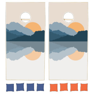 Blue mountains reflected in the lake cornhole set
