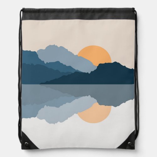 Blue mountains reflected in the lake drawstring bag