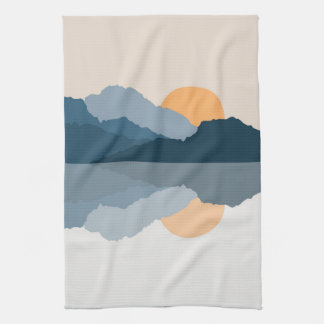 Blue mountains reflected in the lake kitchen towel