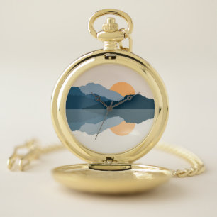 Blue mountains reflected in the lake pocket watch