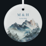 Blue Mountains Rustic Wedding Glass Ornament<br><div class="desc">Blue Mountains rustic collection. Full suite available here https://www.zazzle.com/collections/blue_watercolor_mountains-119930444621335812</div>