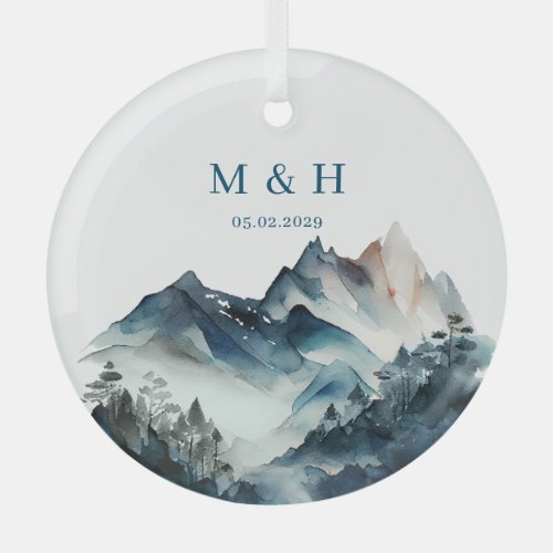 Blue Mountains Rustic Wedding Glass Ornament
