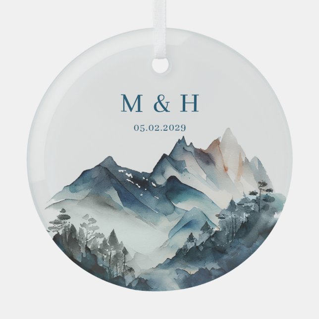 Blue Mountains Rustic Wedding Glass Ornament (Front)