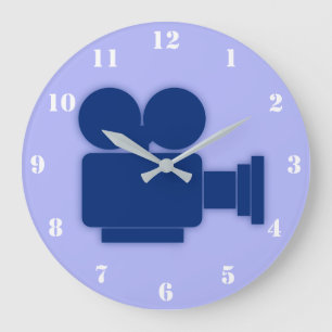 BLUE MOVIE CAMERA ILLUSTRATION WITH WHITE NUMBERS LARGE CLOCK