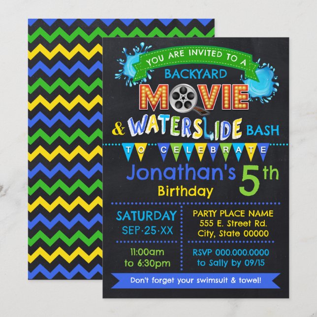 Blue Movie & Waterslide Kids Birthday Summer Party Invitation (Front/Back)