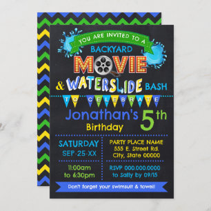 Blue Movie & Waterslide Kids Birthday Summer Party Invitation