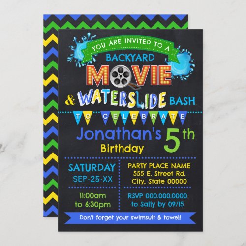Blue Movie  Waterslide Kids Birthday Summer Party Invitation