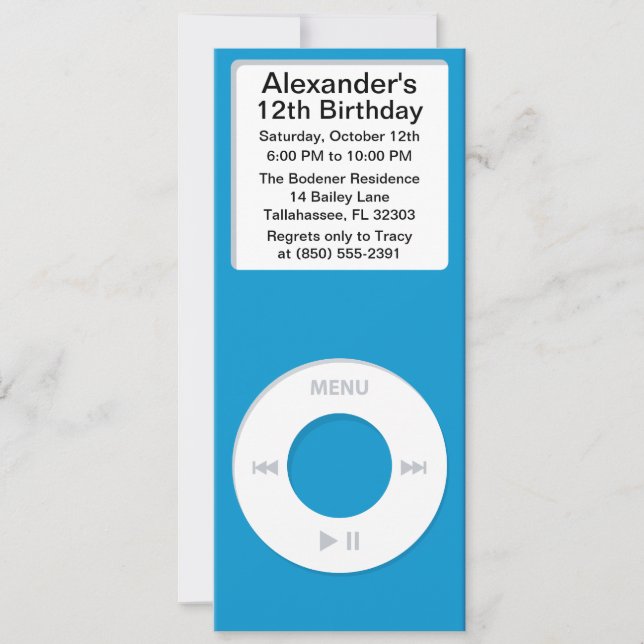 Blue MP3 Player iParty Birthday Party Invitation (Front)
