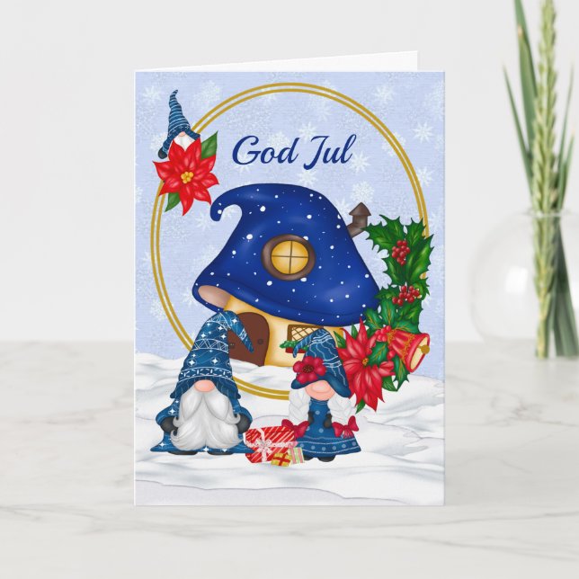Blue Mr. and Mrs. Gnome God Jul Card (Front)