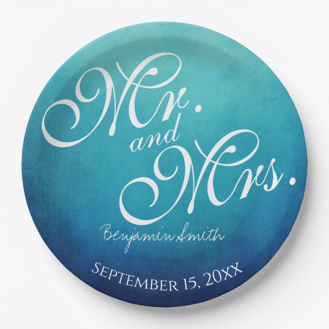 Blue Mr and Mrs Personalized Wedding Reception Paper Plates (Front)