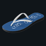 Blue Mr and Mrs wedding flip flops for newly weds<br><div class="desc">Navy Blue Mr and mrs beach wedding flip flops for bride and groom / Just Married couple. Add your date of marriage. Personalized name elegant flipflops for newlyweds and their entourage. Make your own personalized wedge sandals for team bride, brides maid, maid of honor, flower girl, mother of the bride,...</div>