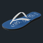 Blue Mr and Mrs wedding flip flops for newly weds<br><div class="desc">Navy Blue Mr and mrs beach wedding flip flops for bride and groom / Just Married couple. Add your date of marriage. Personalized name elegant flipflops for newlyweds and their entourage. Make your own personalized wedge sandals for team bride, brides maid, maid of honor, flower girl, mother of the bride,...</div>