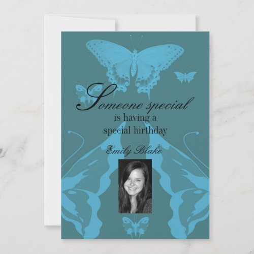 Blue Multi-Butterfly Photo Birthday Invitation