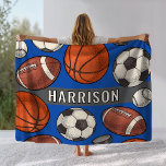 Blue Multi Sport Custom Name Monogram Fleece Blanket<br><div class="desc">An action-packed fleece blanket featuring a hand-drawn pattern of footballs, basketballs, soccer balls, baseballs, and hockey pucks with a custom name displayed on a bold gray banner. The bright royal blue background delivers vibrant athletic energy. A standout gift for young athletes, sports fans, or the multi-sport competitor who does it...</div>