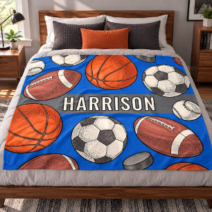 Blue Multi Sport Custom Name Monogram Fleece Blanket