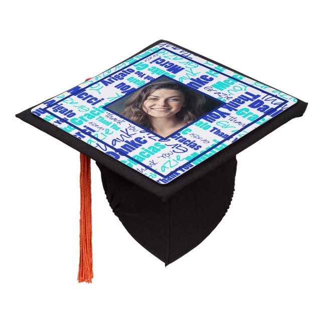  Blue Multilingual Thank You Collage Custom Photo Graduation Cap Topper (Angled)