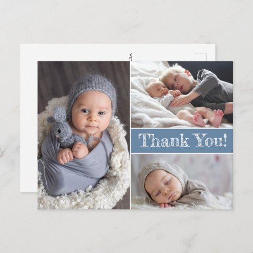  Blue Multiple photo sibling Second Baby Birth Announcement Postcard