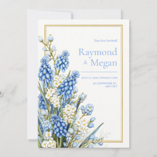 Blue Muscari White Blossom Gold Frame Wedding Invitation
