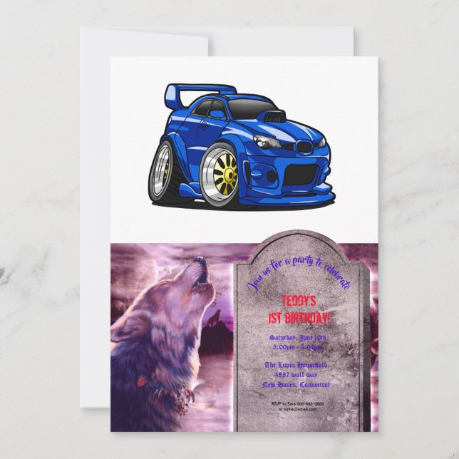 Blue muscle car speed cartoon - Choose back color Invitation (Front)