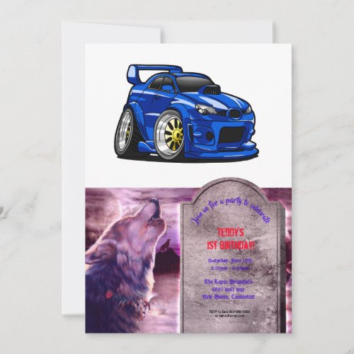 Blue muscle car speed cartoon _ Choose back color Invitation