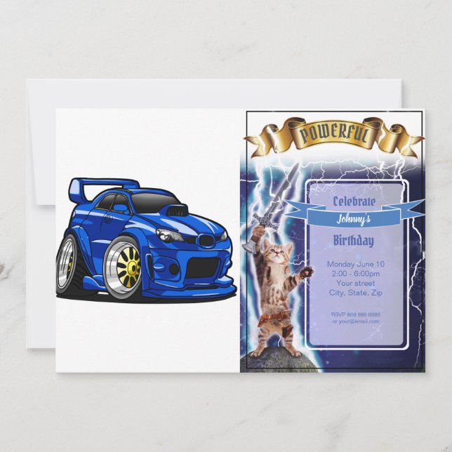 Blue muscle car speed cartoon - Choose back color Invitation (Front)